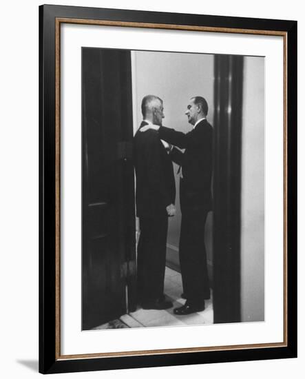 Sen. Lyndon B. Johnson Talking to Sen. Leverett Saltonstall-Paul Schutzer-Framed Photographic Print