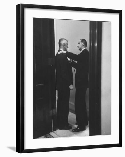 Sen. Lyndon B. Johnson Talking to Sen. Leverett Saltonstall-Paul Schutzer-Framed Photographic Print