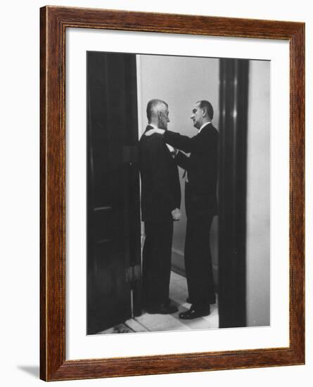 Sen. Lyndon B. Johnson Talking to Sen. Leverett Saltonstall-Paul Schutzer-Framed Photographic Print