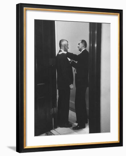 Sen. Lyndon B. Johnson Talking to Sen. Leverett Saltonstall-Paul Schutzer-Framed Photographic Print