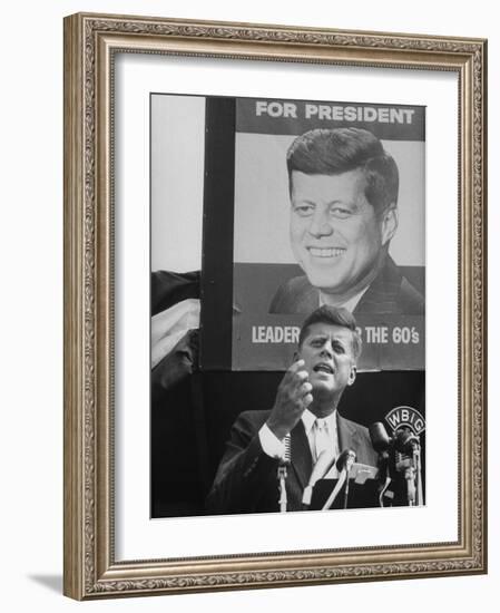 Sen./Pres. Candidate John Kennedy Speaking From Microphoned Podium During His Campaign Tour of TN-Walter Sanders-Framed Photographic Print