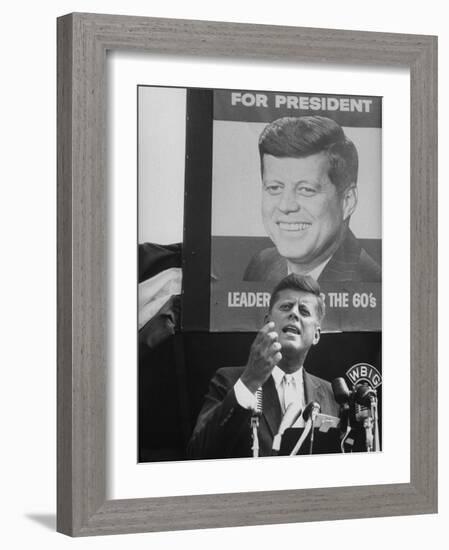 Sen./Pres. Candidate John Kennedy Speaking From Microphoned Podium During His Campaign Tour of TN-Walter Sanders-Framed Photographic Print