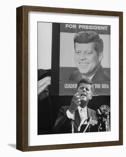 Sen./Pres. Candidate John Kennedy Speaking From Microphoned Podium During His Campaign Tour of TN-Walter Sanders-Framed Photographic Print