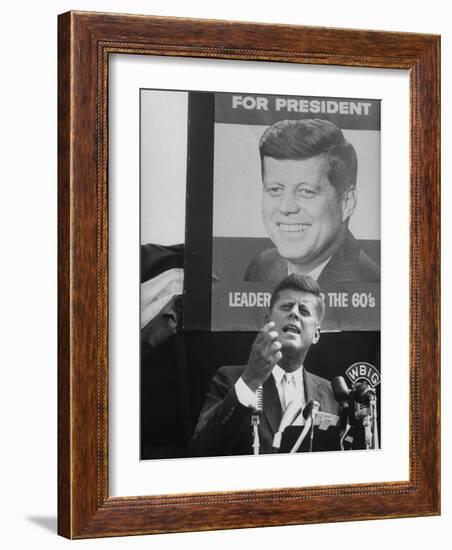 Sen./Pres. Candidate John Kennedy Speaking From Microphoned Podium During His Campaign Tour of TN-Walter Sanders-Framed Photographic Print