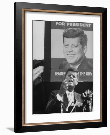 Sen./Pres. Candidate John Kennedy Speaking From Microphoned Podium During His Campaign Tour of TN-Walter Sanders-Framed Photographic Print