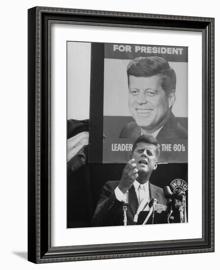 Sen./Pres. Candidate John Kennedy Speaking From Microphoned Podium During His Campaign Tour of TN-Walter Sanders-Framed Photographic Print