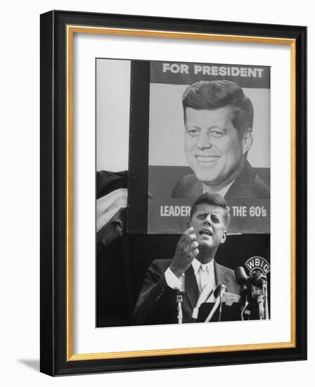 Sen./Pres. Candidate John Kennedy Speaking From Microphoned Podium During His Campaign Tour of TN-Walter Sanders-Framed Photographic Print