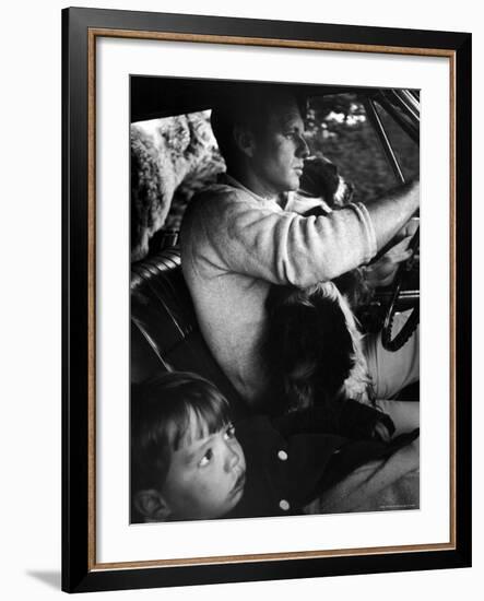 Sen. Robert Kennedy Driving His Car with Pet Springer Spaniel over His Lap and Son Max Beside Him-Bill Eppridge-Framed Premium Photographic Print