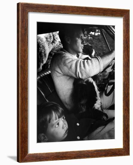Sen. Robert Kennedy Driving His Car with Pet Springer Spaniel over His Lap and Son Max Beside Him-Bill Eppridge-Framed Premium Photographic Print