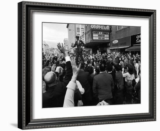 Sen. Robert Kennedy Standing on Roof of Car as He is Swamped by a Crowd of Welcoming Well Wishers-Bill Eppridge-Framed Photographic Print