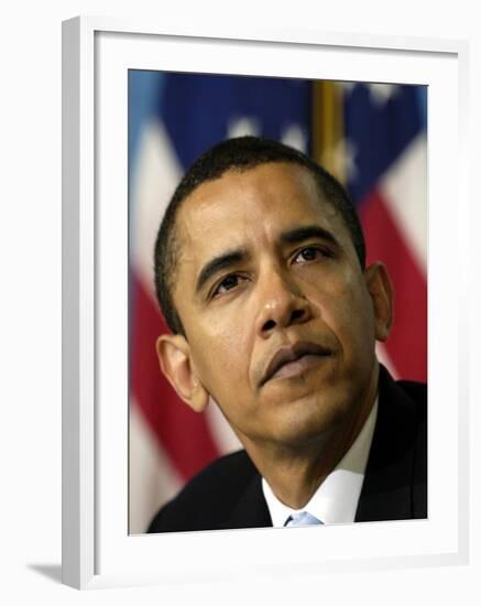 Senator Barak Obama Listens to Actor George Clooney Speaking at the National Press Club-null-Framed Photographic Print