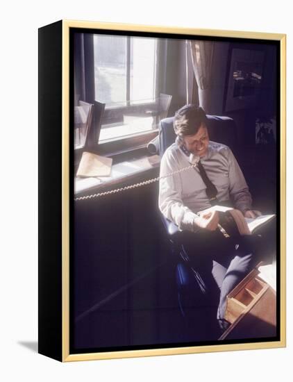 Senator Edward M. Kennedy on the Phone in His Office, Probably in Washington Dc-John Loengard-Framed Premier Image Canvas