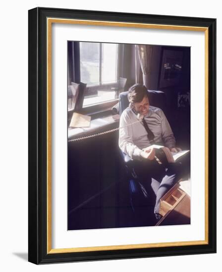 Senator Edward M. Kennedy on the Phone in His Office, Probably in Washington Dc-John Loengard-Framed Premium Photographic Print