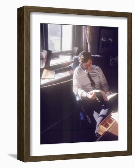 Senator Edward M. Kennedy on the Phone in His Office, Probably in Washington Dc-John Loengard-Framed Photographic Print