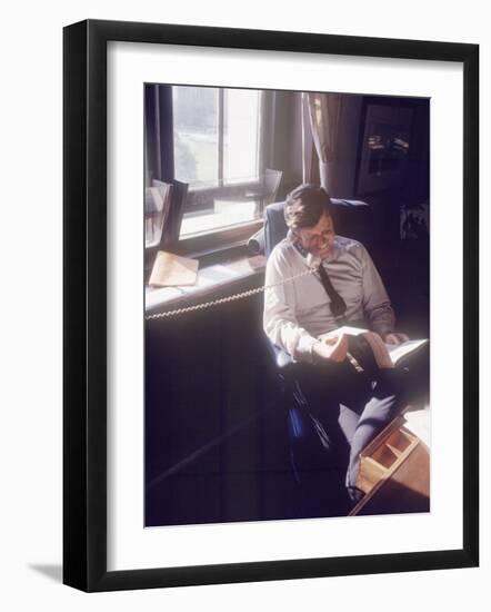 Senator Edward M. Kennedy on the Phone in His Office, Probably in Washington Dc-John Loengard-Framed Photographic Print