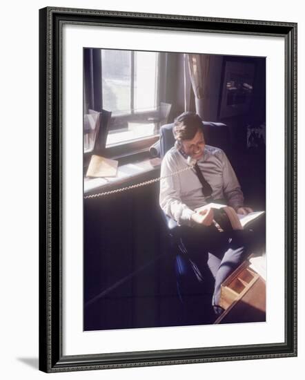 Senator Edward M. Kennedy on the Phone in His Office, Probably in Washington Dc-John Loengard-Framed Photographic Print