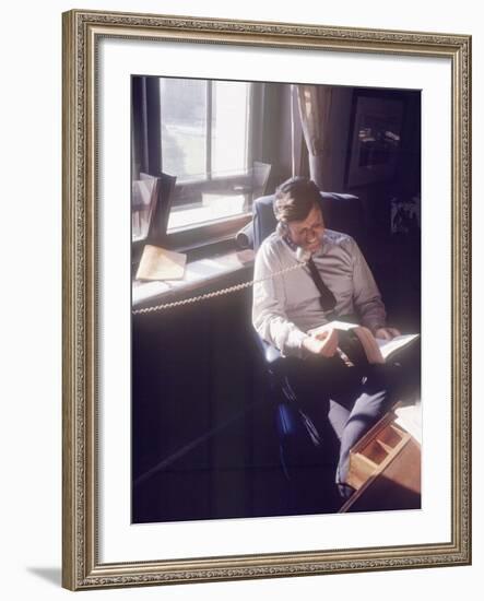 Senator Edward M. Kennedy on the Phone in His Office, Probably in Washington Dc-John Loengard-Framed Photographic Print