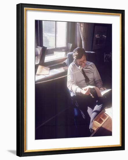 Senator Edward M. Kennedy on the Phone in His Office, Probably in Washington Dc-John Loengard-Framed Photographic Print