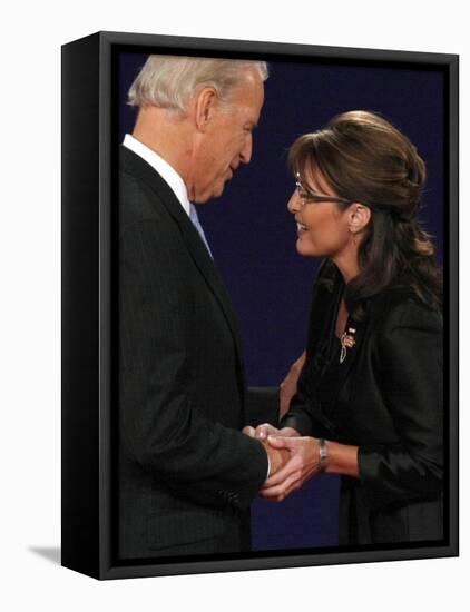 Senator Joe Biden and Governor Sarah Palin Shake Hands before the Start of Vice Presidential Debate-null-Framed Premier Image Canvas