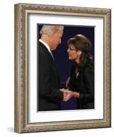 Senator Joe Biden and Governor Sarah Palin Shake Hands before the Start of Vice Presidential Debate-null-Framed Photographic Print