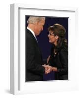 Senator Joe Biden and Governor Sarah Palin Shake Hands before the Start of Vice Presidential Debate-null-Framed Photographic Print
