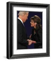 Senator Joe Biden and Governor Sarah Palin Shake Hands before the Start of Vice Presidential Debate-null-Framed Photographic Print