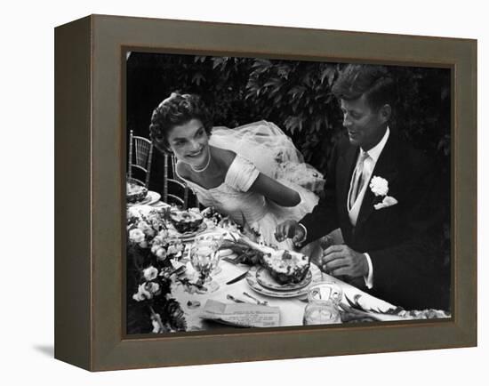 Senator John F. Kennedy and Bride Jacqueline Enjoying Dinner at Their Outdoor Wedding Celebration-Lisa Larsen-Framed Premier Image Canvas