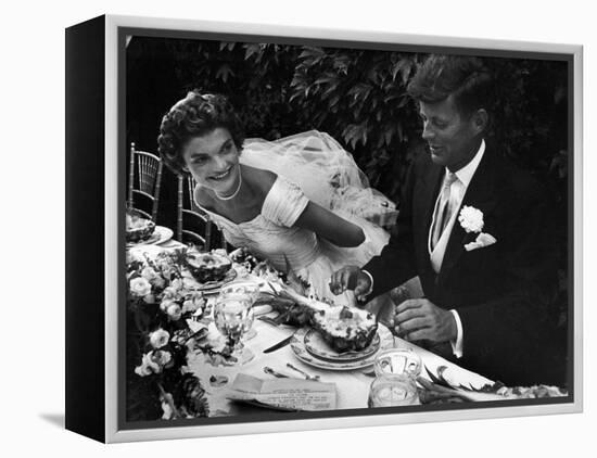 Senator John F. Kennedy and Bride Jacqueline Enjoying Dinner at Their Outdoor Wedding Celebration-Lisa Larsen-Framed Premier Image Canvas