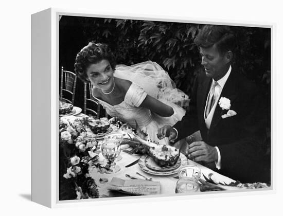 Senator John F. Kennedy and Bride Jacqueline Enjoying Dinner at Their Outdoor Wedding Celebration-Lisa Larsen-Framed Premier Image Canvas