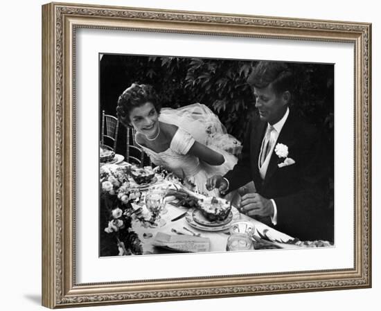 Senator John F. Kennedy and Bride Jacqueline Enjoying Dinner at Their Outdoor Wedding Celebration-Lisa Larsen-Framed Photographic Print