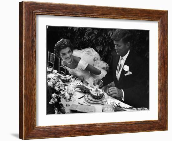 Senator John F. Kennedy and Bride Jacqueline Enjoying Dinner at Their Outdoor Wedding Celebration-Lisa Larsen-Framed Photographic Print