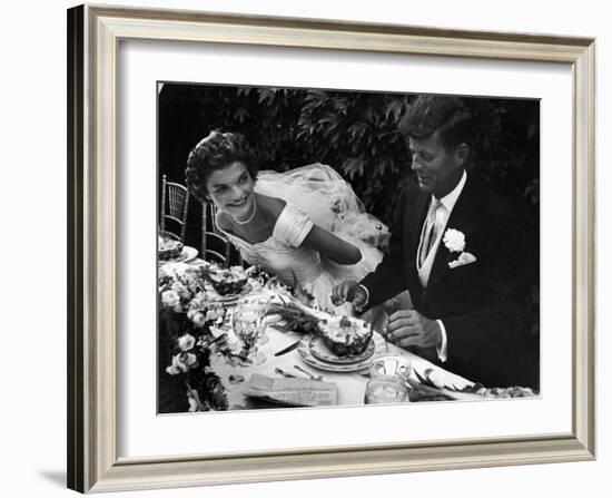 Senator John F. Kennedy and Bride Jacqueline Enjoying Dinner at Their Outdoor Wedding Celebration-Lisa Larsen-Framed Photographic Print