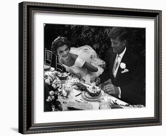 Senator John F. Kennedy and Bride Jacqueline Enjoying Dinner at Their Outdoor Wedding Celebration-Lisa Larsen-Framed Photographic Print