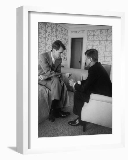 Senator John F. Kennedy and Brother Robert F. Kennedy Conferring in Hotel Suite During Convention-Hank Walker-Framed Photographic Print