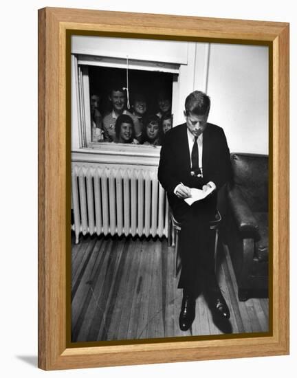 Senator John F. Kennedy Checking over Speech During His Presidential Campaign-Paul Schutzer-Framed Premier Image Canvas