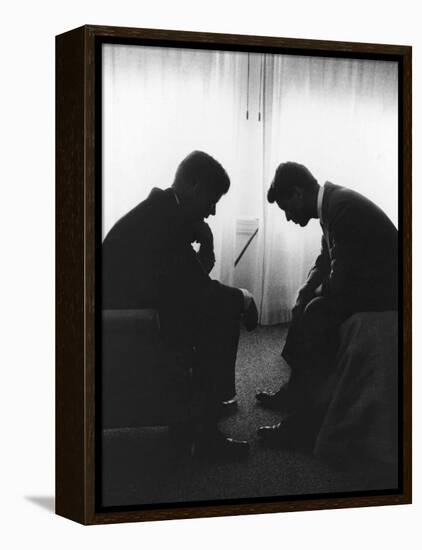 Senator John F Kennedy Conferring with His Brother and Campaign Organizer Bobby Kennedy-null-Framed Premier Image Canvas