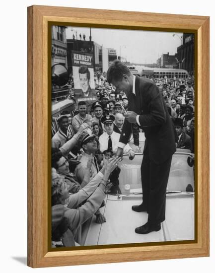 Senator John F. Kennedy Speaking on the Hood of a Car During a Campaign Tour-Ed Clark-Framed Premier Image Canvas
