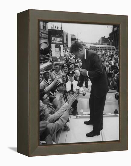 Senator John F. Kennedy Speaking on the Hood of a Car During a Campaign Tour-Ed Clark-Framed Premier Image Canvas