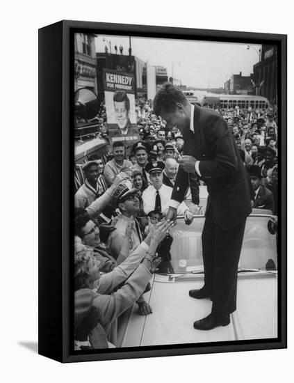 Senator John F. Kennedy Speaking on the Hood of a Car During a Campaign Tour-Ed Clark-Framed Premier Image Canvas