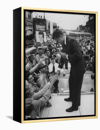 Senator John F. Kennedy Speaking on the Hood of a Car During a Campaign Tour-Ed Clark-Framed Premier Image Canvas