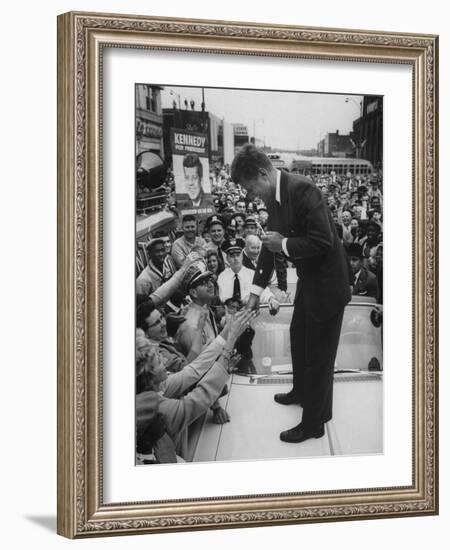 Senator John F. Kennedy Speaking on the Hood of a Car During a Campaign Tour-Ed Clark-Framed Photographic Print