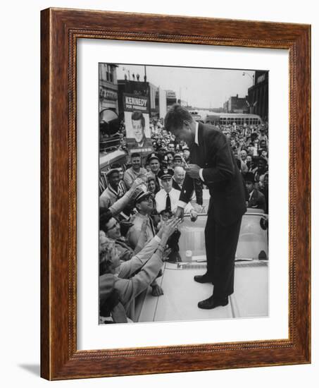 Senator John F. Kennedy Speaking on the Hood of a Car During a Campaign Tour-Ed Clark-Framed Photographic Print