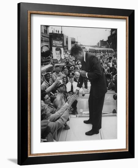 Senator John F. Kennedy Speaking on the Hood of a Car During a Campaign Tour-Ed Clark-Framed Photographic Print