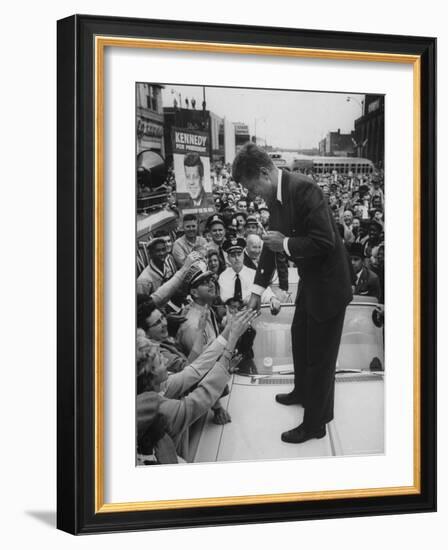 Senator John F. Kennedy Speaking on the Hood of a Car During a Campaign Tour-Ed Clark-Framed Photographic Print