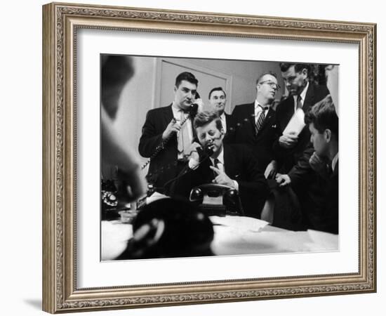 Senator John F. Kennedy Talking on the Phone Surrounded by Aides During the Primary Elections-Stan Wayman-Framed Photographic Print