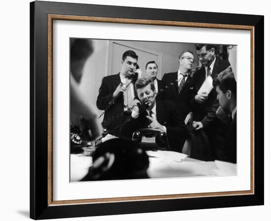 Senator John F. Kennedy Talking on the Phone Surrounded by Aides During the Primary Elections-Stan Wayman-Framed Photographic Print