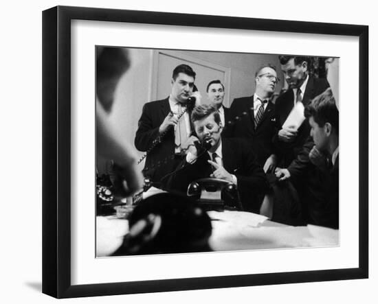 Senator John F. Kennedy Talking on the Phone Surrounded by Aides During the Primary Elections-Stan Wayman-Framed Photographic Print