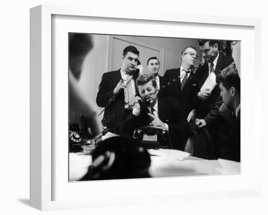 Senator John F. Kennedy Talking on the Phone Surrounded by Aides During the Primary Elections-Stan Wayman-Framed Photographic Print