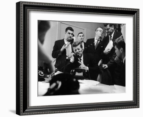 Senator John F. Kennedy Talking on the Phone Surrounded by Aides During the Primary Elections-Stan Wayman-Framed Photographic Print