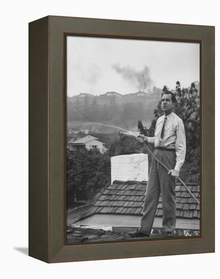 Senator Richard M. Nixon on Roof of Home in Los Angeles, Putting Out Fires Caused by Brush Blaze-Allan Grant-Framed Premier Image Canvas